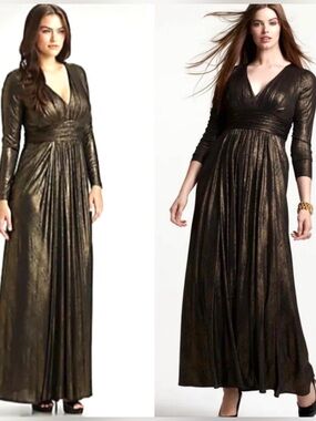 David Meister Metallic Bronze Black V-Neck Long Sleeve Maxi Dress Gown SZ4 EUC
